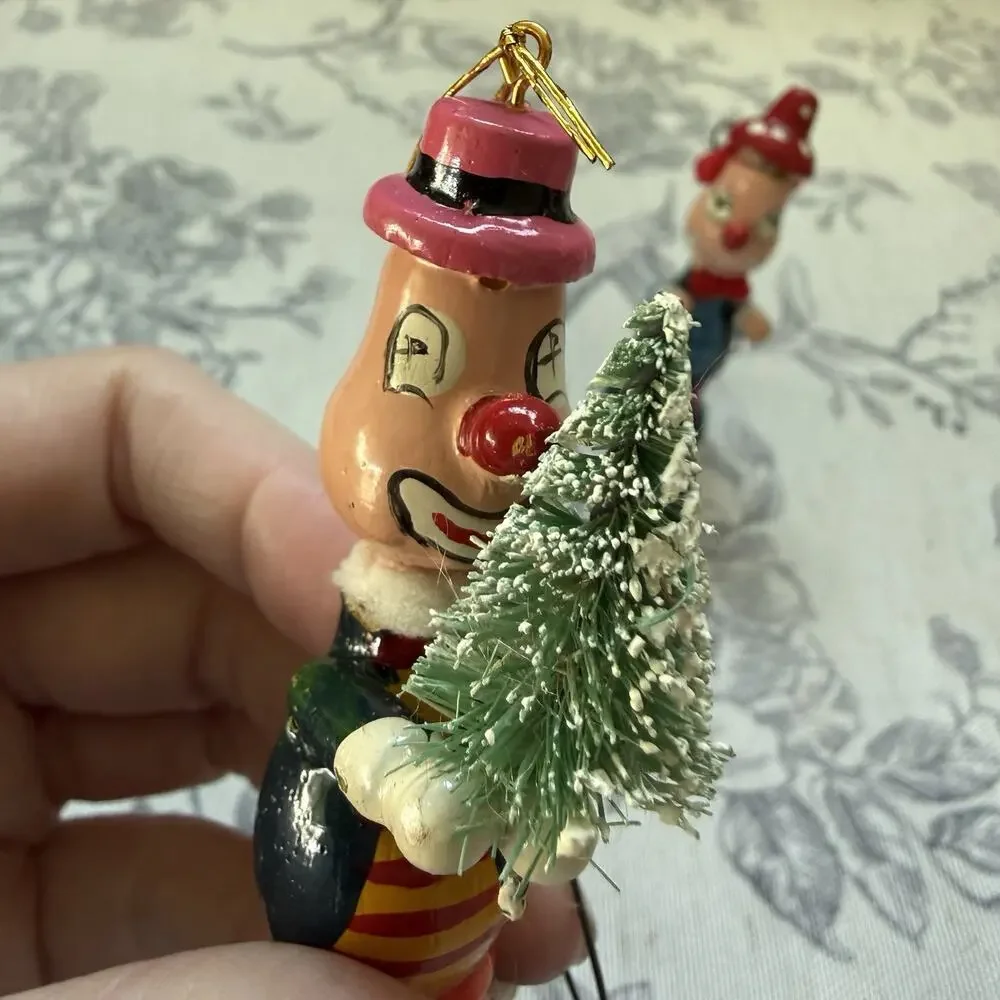 Vintage Clown Christmas Ornaments Retro Kitschy 60s 70s Hand Painted Wooden
